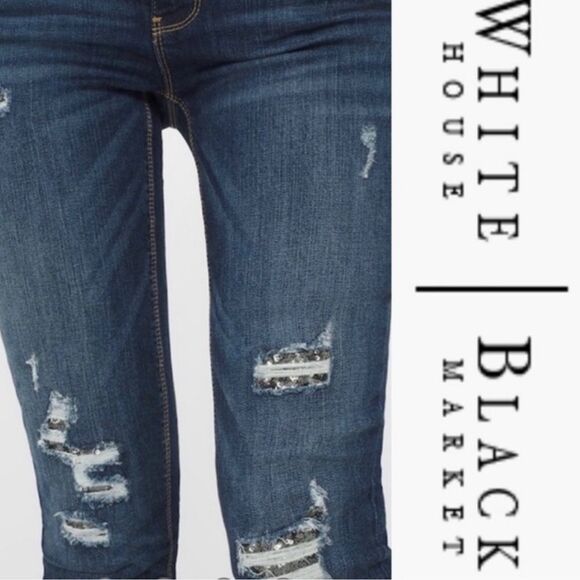 White House Black Market Distrusted Skinny Sequin Jeans - Picture 4 of 13